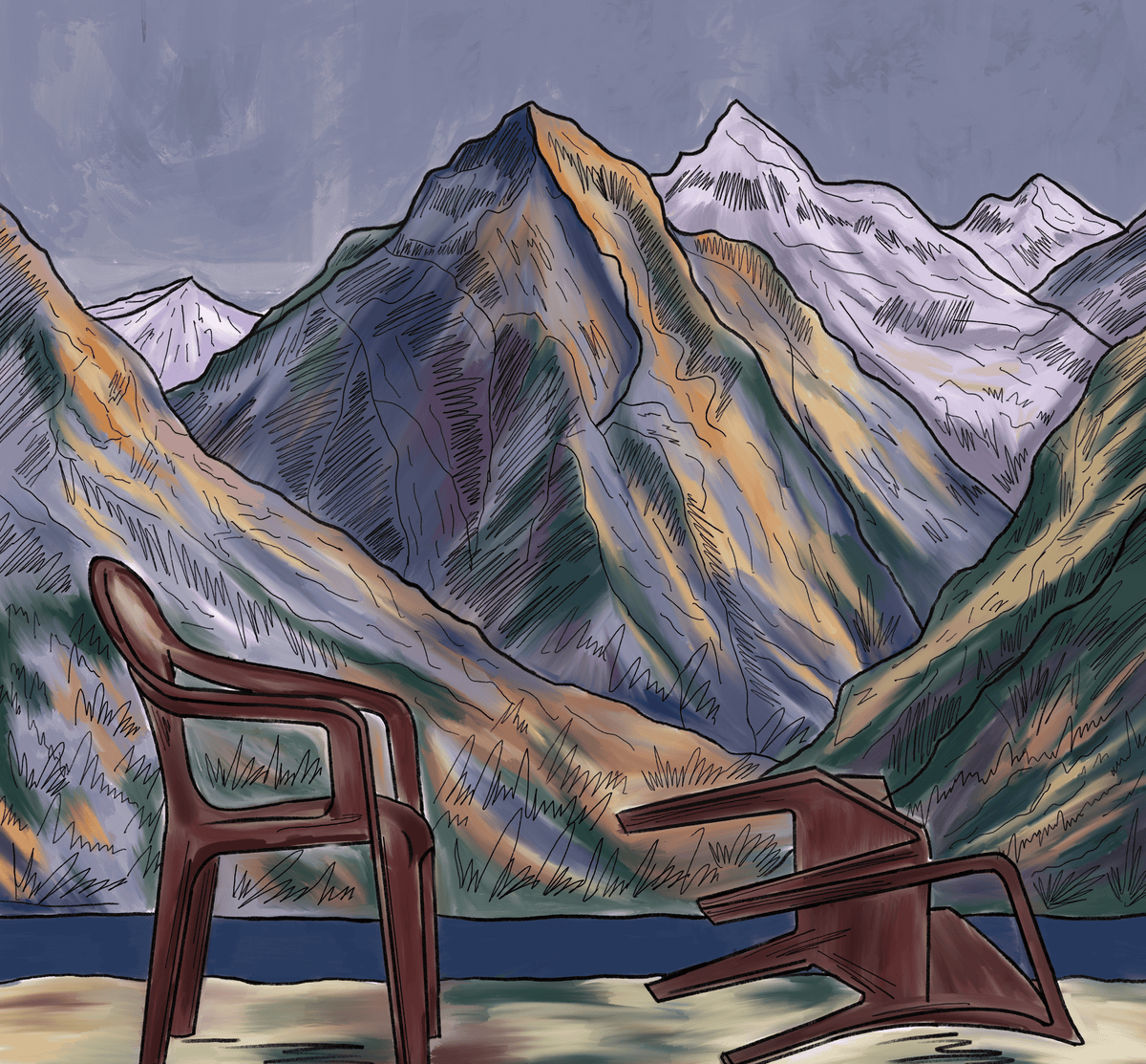 He Said the mountain was blue is about
a couple looking at the same mountain
differently in two colours ,he said its
blue she said its green ,ultimately
leading to a disagreement represent by
one chair fallen on the ground.